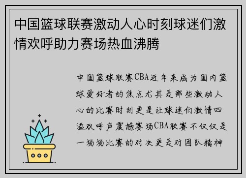 中国篮球联赛激动人心时刻球迷们激情欢呼助力赛场热血沸腾 中国篮球联赛激动人心时刻球迷们激情欢呼助力赛场热血沸腾