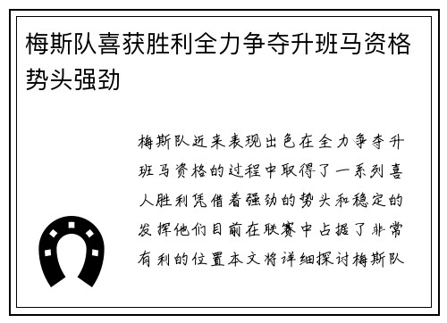 梅斯队喜获胜利全力争夺升班马资格势头强劲 梅斯队喜获胜利全力争夺升班马资格势头强劲
