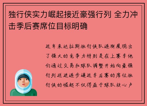 独行侠实力崛起接近豪强行列 全力冲击季后赛席位目标明确