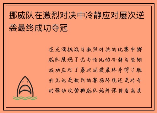 挪威队在激烈对决中冷静应对屡次逆袭最终成功夺冠